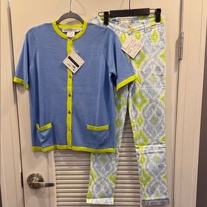 Blue & Lime Kids Pajama Set - Short Sleeve Cardigan & Patterned Pants
